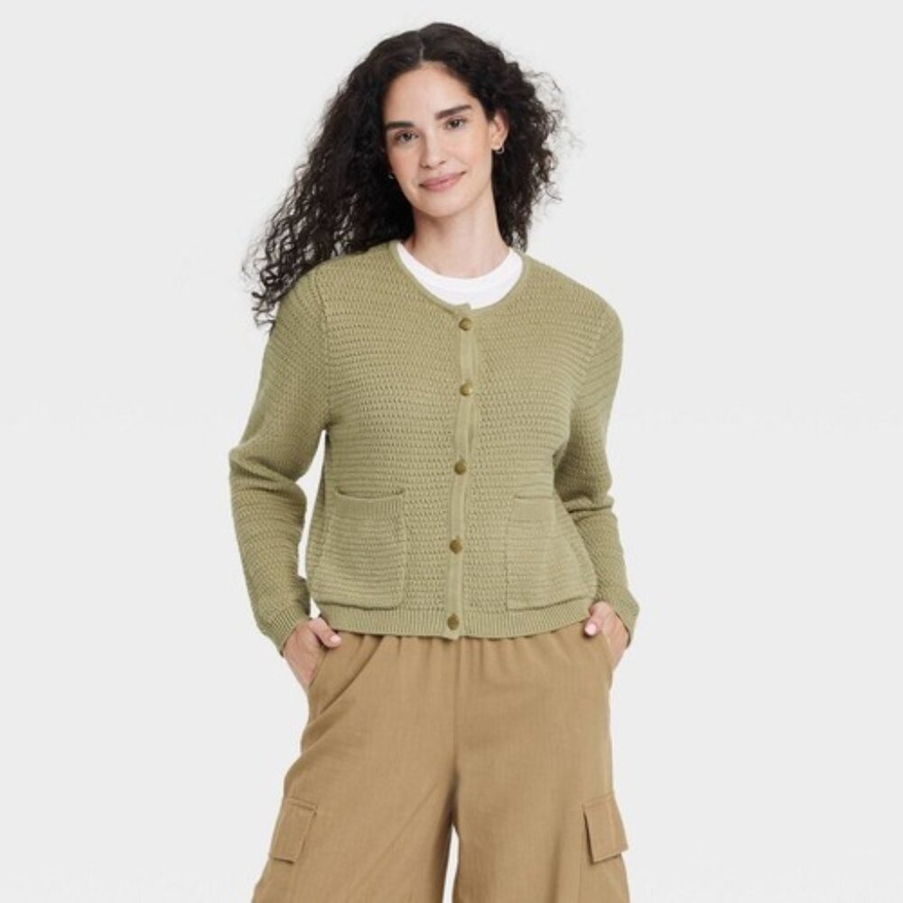 Universal Thread Textured Button Front Knit Cardigan Olive Green Size M Pockets